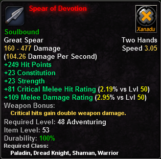 In-game tooltip for Spear of Devotion