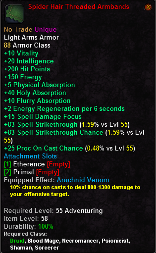 In-game tooltip for Spider Hair Threaded Armguards