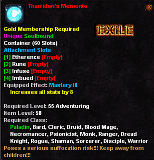 In-game tooltip for Tharridon's Memento