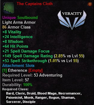 In-game tooltip for The Captains Cloth