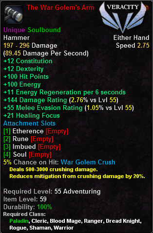 In-game tooltip for The War Golem's Arm