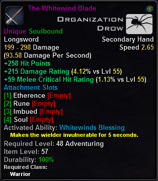 In-game tooltip for The Whitewind Blade