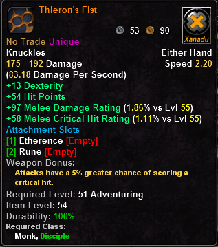 In-game tooltip for Thieron's Fist