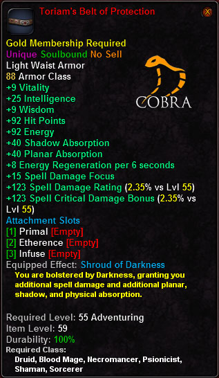 In-game tooltip for Toriam's Belt of Protection