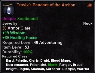 In-game tooltip for Travix's Pendant of the Archon