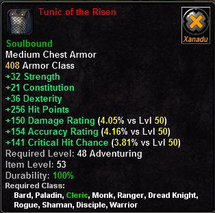 In-game tooltip for Tunic of the Risen
