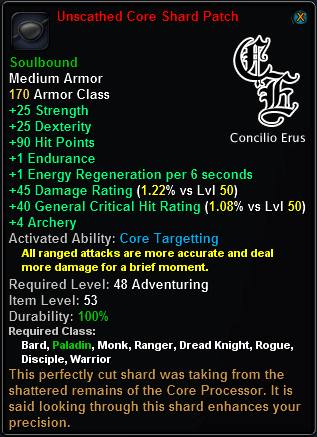 In-game tooltip for Unscathed Core Shard Patch