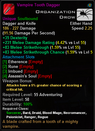 In-game tooltip for Vampire Tooth Dagger