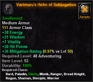 In-game tooltip for Varimuru's Helm of Subjugation