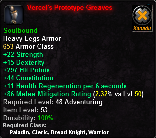 In-game tooltip for Vercel's Prototype Greaves