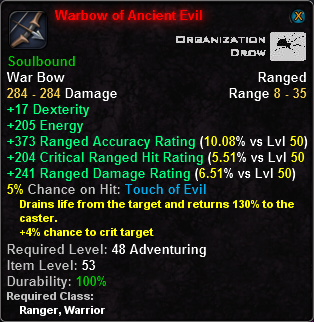 In-game tooltip for Warbow of Ancient Evil