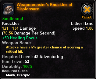 In-game tooltip for Weaponmaster's Knuckles of Displeasure
