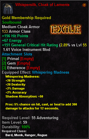 In-game tooltip for Whispersilk, Cloak of Laments