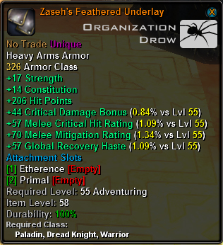 In-game tooltip for Zaseh's Feathered Underlay