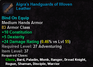 In-game tooltip for Aigra's Handguards of Woven Leather