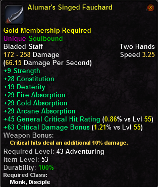 In-game tooltip for Alumar's Singed Fauchard