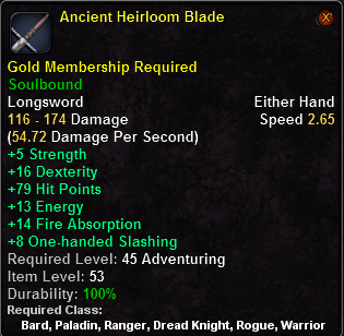 In-game tooltip for Ancient Heirloom Blade
