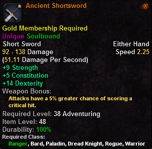 In-game tooltip for Ancient Shortsword