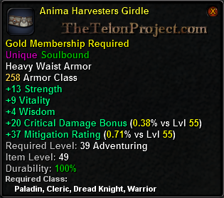 In-game tooltip for Anima Harvesters Girdle