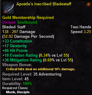 In-game tooltip for Apostle's Inscribed Bladestaff