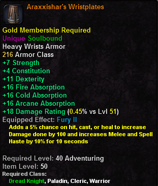 In-game tooltip for Araxxishar's Wristplates