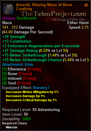 In-game tooltip for Araznik, Blazing Mace of Bone Crushing