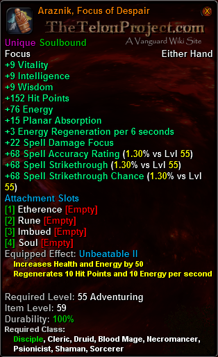 In-game tooltip for Araznik, Focus of Despair