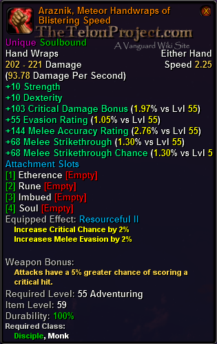 In-game tooltip for Araznik, Meteor Handwraps of Blistering Speed