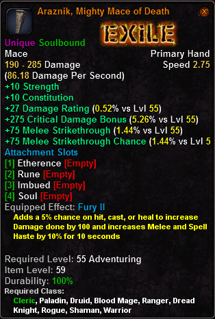 In-game tooltip for Araznik Mighty Mace of Death