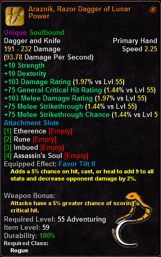 In-game tooltip for Araznik, Razor Dagger of Lunar Power