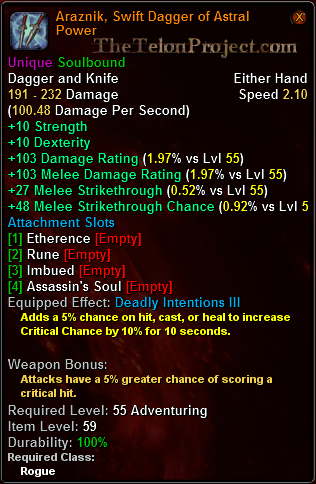 In-game tooltip for Araznik, Swift Dagger of Astral Power