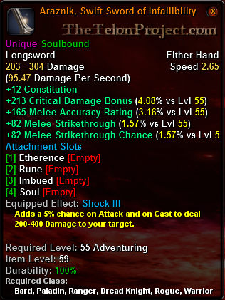 In-game tooltip for Araznik Swift Sword of Infallibility