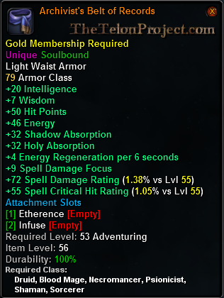 In-game tooltip for Archivist's Belt of Records