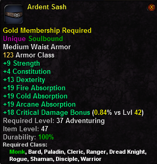 In-game tooltip for Ardent Sash