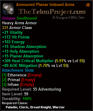 In-game tooltip for Armoured Planar Imbued Arms