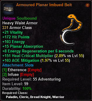 In-game tooltip for Armoured Planar Imbued Belt