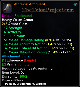 In-game tooltip for Ataraxis' Armguard