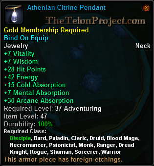 In-game tooltip for Athenian Citrine Pendant