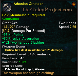In-game tooltip for Athenian Greataxe