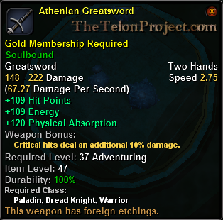 In-game tooltip for Athenian Greatsword