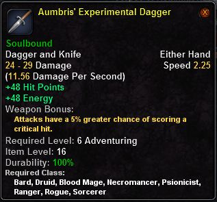 In-game tooltip for Aumbris' Experimental Dagger