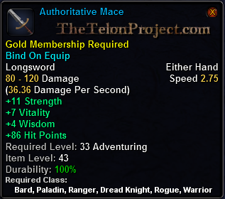 In-game tooltip for Authoritative Mace