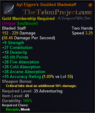 In-game tooltip for Ayl Elgyre's Studded Bladestaff