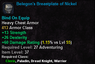 In-game tooltip for Belegon's Breastplate of Nickel