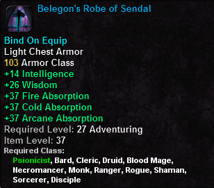 In-game tooltip for Belegon's Robe of Sendal