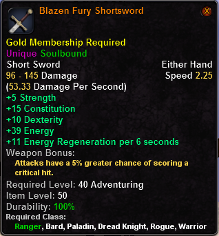In-game tooltip for Blazen Fury Shortsword