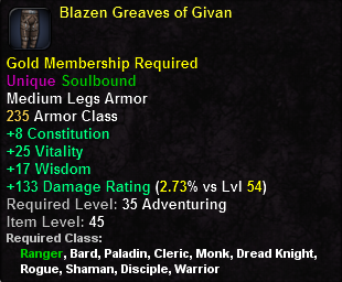 In-game tooltip for Blazen Greaves of Givan