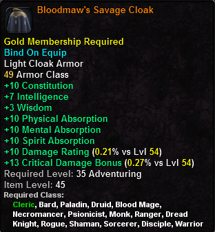 In-game tooltip for Bloodmaw's Savage Cloak