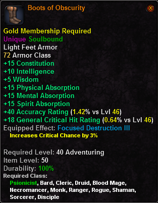 In-game tooltip for Boots of Obscurity