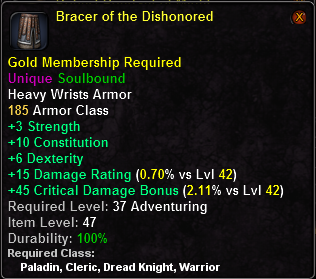 In-game tooltip for Bracer of the Dishonored